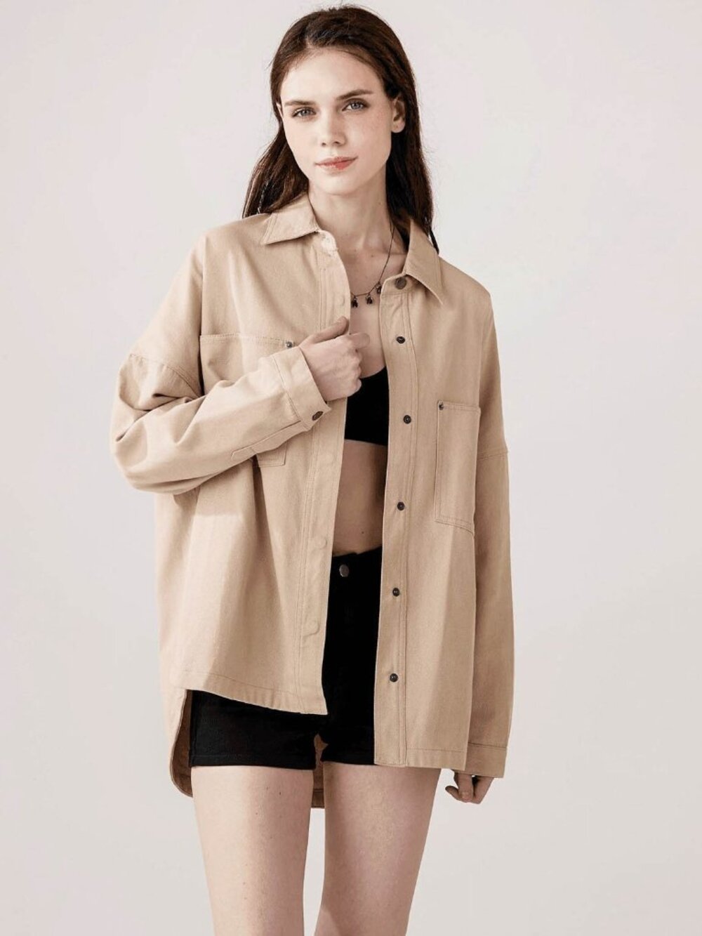 B24 Oversized Denim Twill Shirt Jacket in Taupe